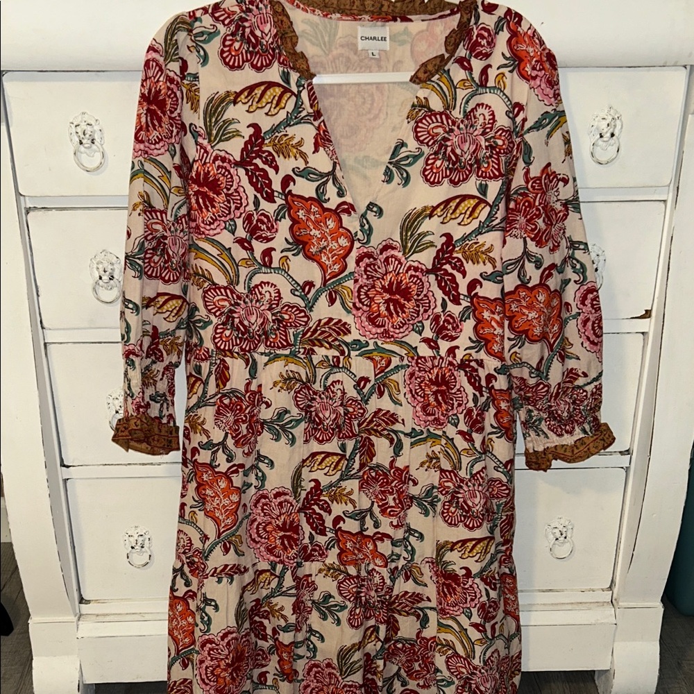 Boho Floral Long Sleeve Dress - Red and Green